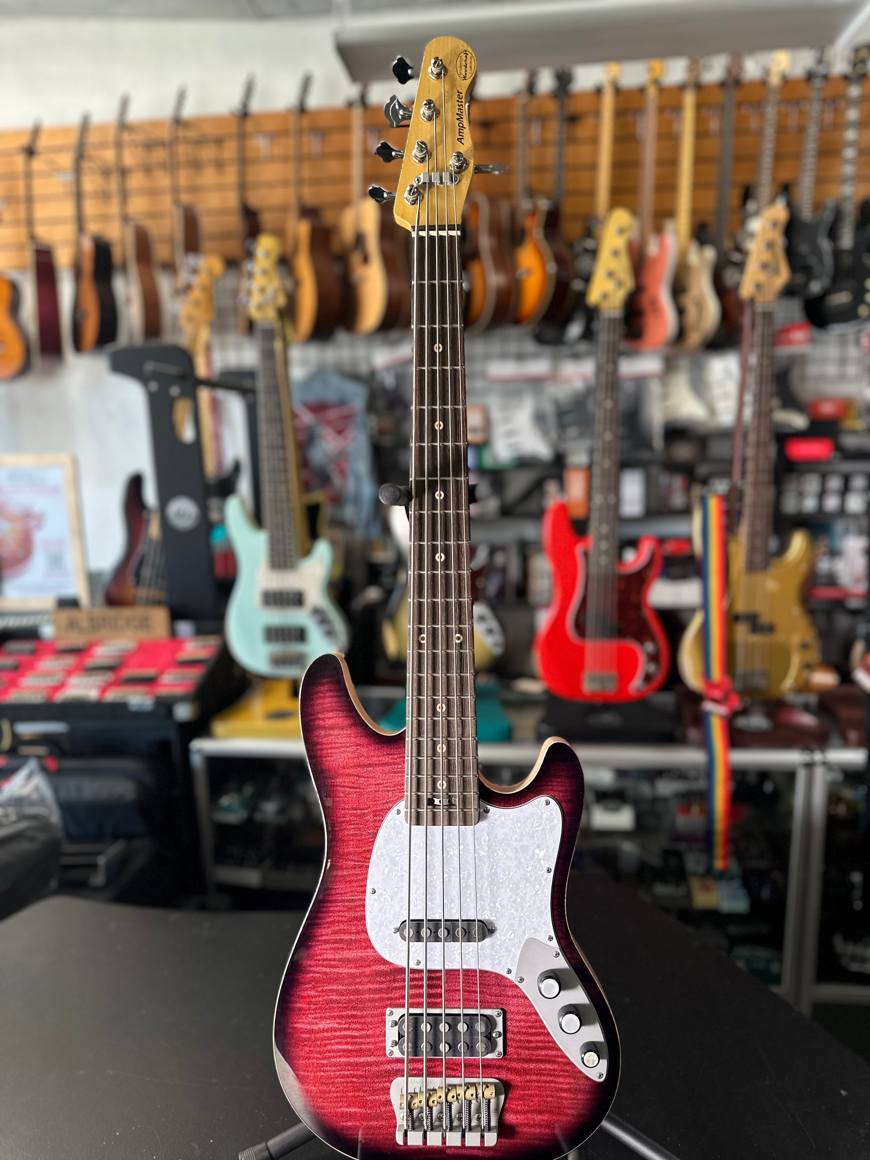 Ampmaster 5 String Dual Pickup Shortscale 30" Electric Bass Guitar Gloss Red Burst Flame Maple top